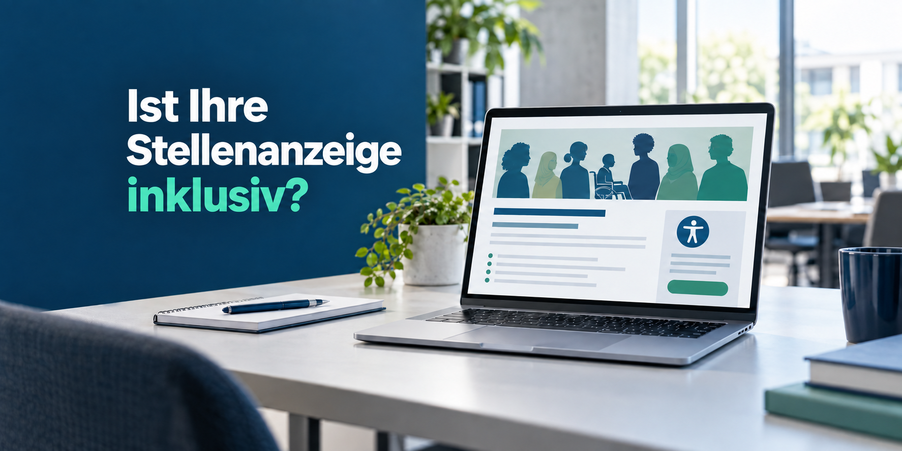 Laptop mit einer inklusiven Stellenanzeige und dem Text: Ist Ihre Stellenanzeige inklusiv?